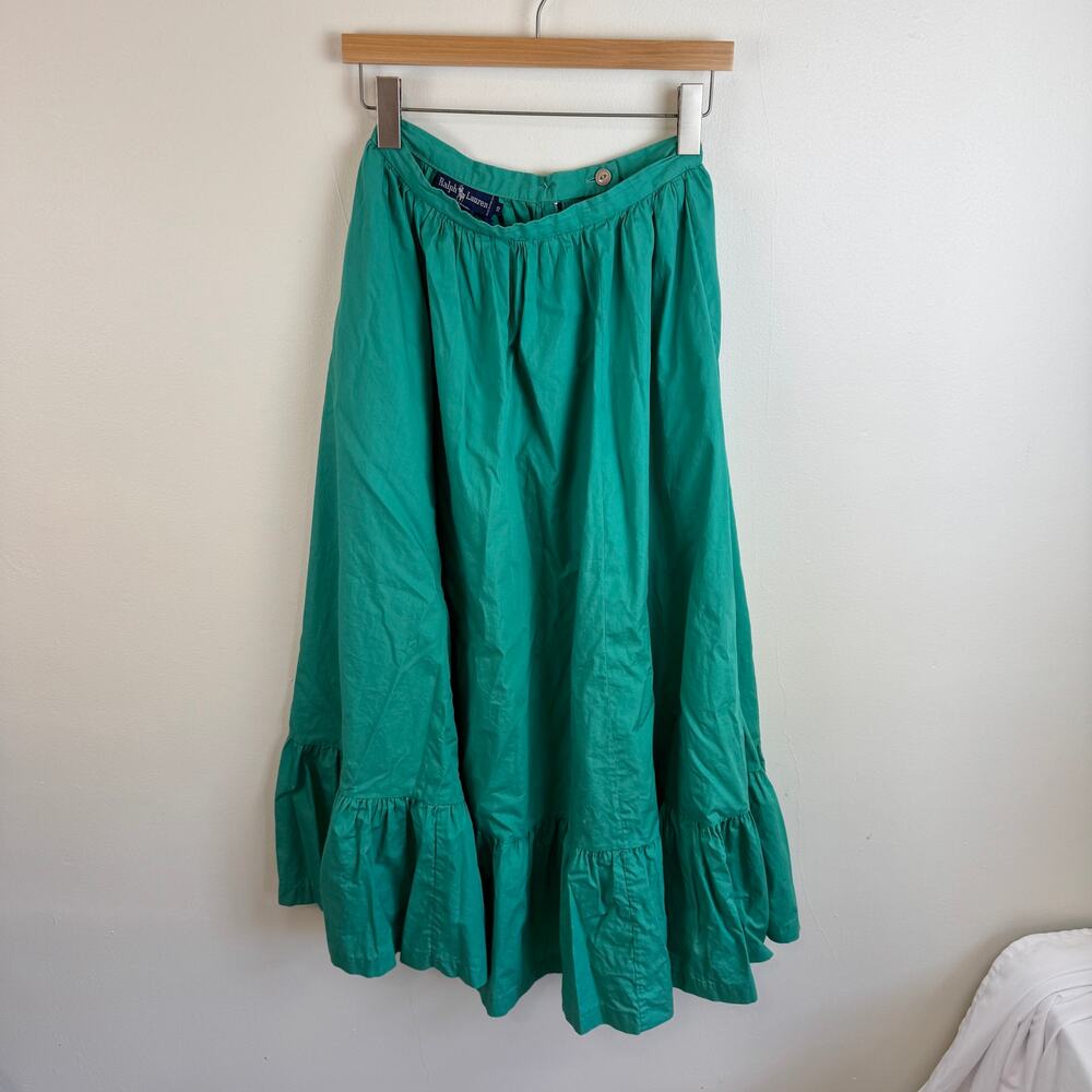 Vtg 80s Ralph Lauren Blue Label S 10 Prairie Skirt Green Cotton Ruffle Tier Maxi